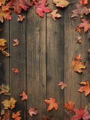 Fototapeta premium Autumn leaves arranged on weathered wooden planks