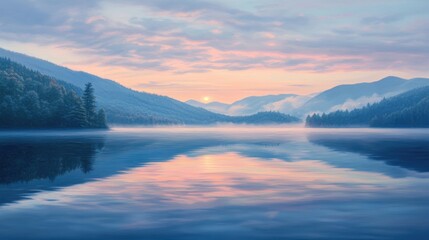 Obraz premium Serene Sunrise Over Misty Mountain Lake
