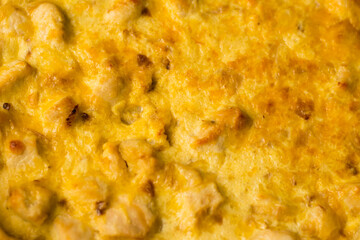 Delicious French quiche pie with chicken and cheese close-up