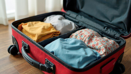 open red suitcase on the floor with packed items, travel, trip, journey preparations, adventure, vacation