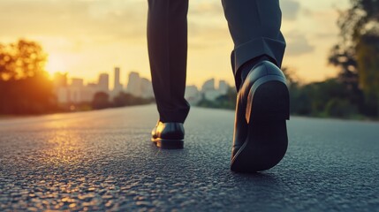 Businessman Walking Towards Sunset Over City Skyline in Background