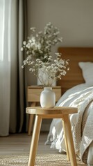 Cozy Bedroom with White Flowers in Vase on Wooden Table
