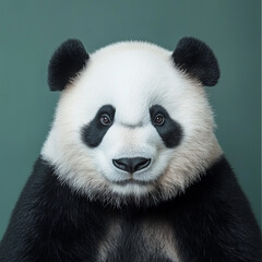 Naklejka premium Close-up portrait of a giant panda with a neutral green-toned background