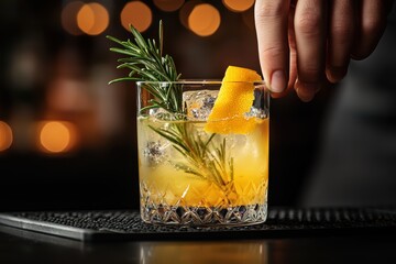 Crafting a chic cocktail of gin and elderflower liqueur in a trendy bar drink recipe urban setting close-up mixology concept