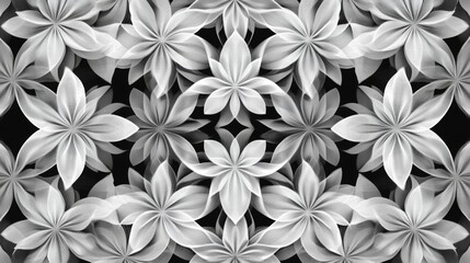 Monochrome floral pattern; abstract, symmetrical, grayscale flower design; perfect for backgrounds or textures.