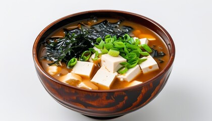 Miso Soup with Tofu and Seaweed in a Wooden Bowl Top Down View