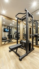 Obraz premium Modern Home Gym with Weight Training Equipment and Mirrors