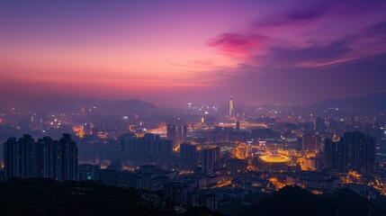 Shenzhen city skyline illuminating at dusk with purple and orange sky