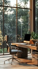 Obraz premium Modern Office Interior with Desk, Chair, and Large Windows