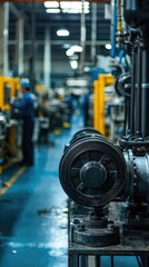 Fototapeta premium Industrial Machinery in Factory Setting with Workers and Equipment
