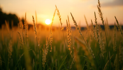Obraz premium Close-up of golden grass at sunset, cultivation context, peaceful mood, natural landscape, copy space