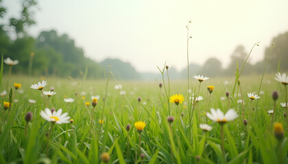 Close-up of grass lawn with wildflowers in soft morning light, cultivation context, serene mood, natural background, copy space
