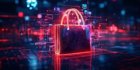 Obraz premium Digital shopping bag with neon red glowing handles on a futuristic interface