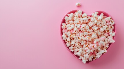 Heart made of popcorn on pink color background. Love the cinema, dating, and Valentine's Day concept
