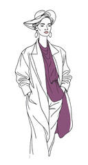 model in casual outfit, raimcoat and hat, sketch vector
