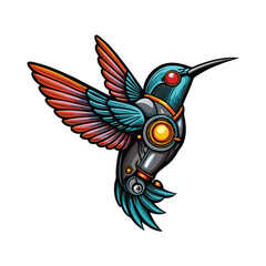 A mechanical hummingbird with metallic wings flapping fast.