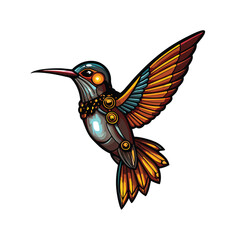 A mechanical hummingbird with fast flapping metallic wings.