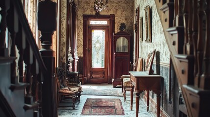 Fototapeta premium Elegant vintage hallway with ornate decoration and wooden stairs