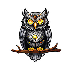A mechanical owl with metallic feathers and glowing yellow eyes perched on a branch.