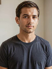 Fototapeta premium Hombre latino con camiseta negra en el interior de una casa 