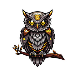 A mechanical owl with metallic feathers and glowing yellow eyes perched on a branch.