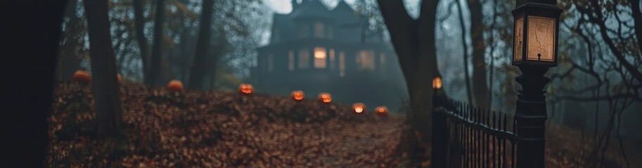 Haunted House Surrounded by Pumpkins in Misty Autumn Night