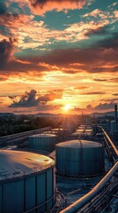 Sunset Over Industrial Tanks with Dramatic Clouds and Landscape