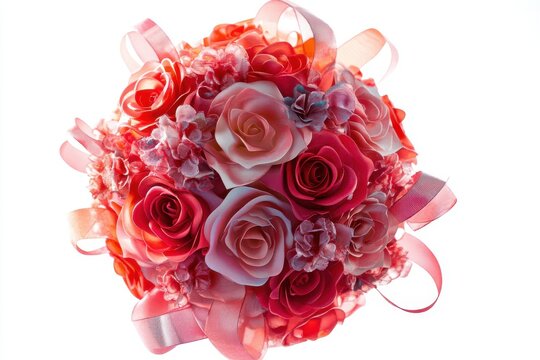 Elegant bouquet of red and pink roses with delicate ribbons on a white background