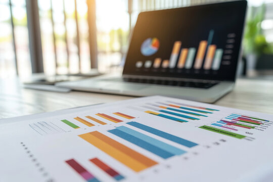 Colorful business reports on a desk with a laptop in the background