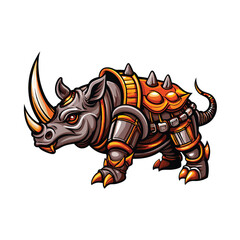 A mechanical rhinoceros with a sharp metal horn and armored body.