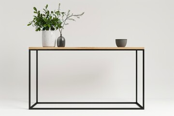 A minimalist console table with a slim metal frame and a wooden top 