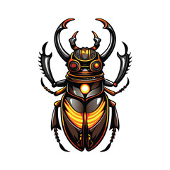 A mechanical stag beetle with sharp metallic mandibles and glowing red eyes.