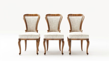 four elegant dining chairs with fabric seats in beige and curved wooden backs
