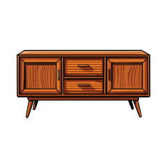 Illustration of a mid-century modern sideboard with tapered legs and two drawers.
