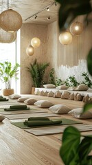 Serene and Modern Yoga Studio Interior with Natural Accents