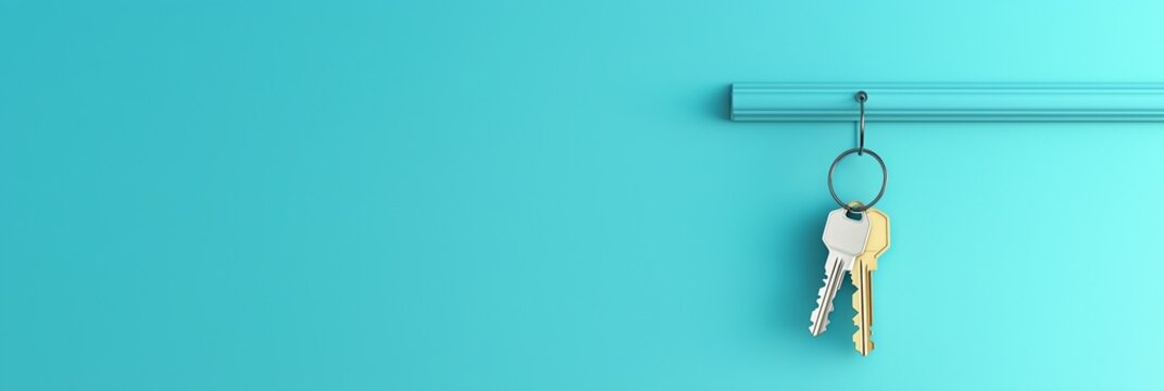 Set of house keys hanging on a turquoise wall background