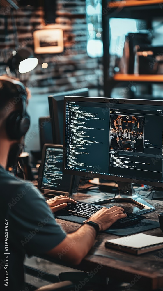 Poster person coding on computer in a stylish office environment