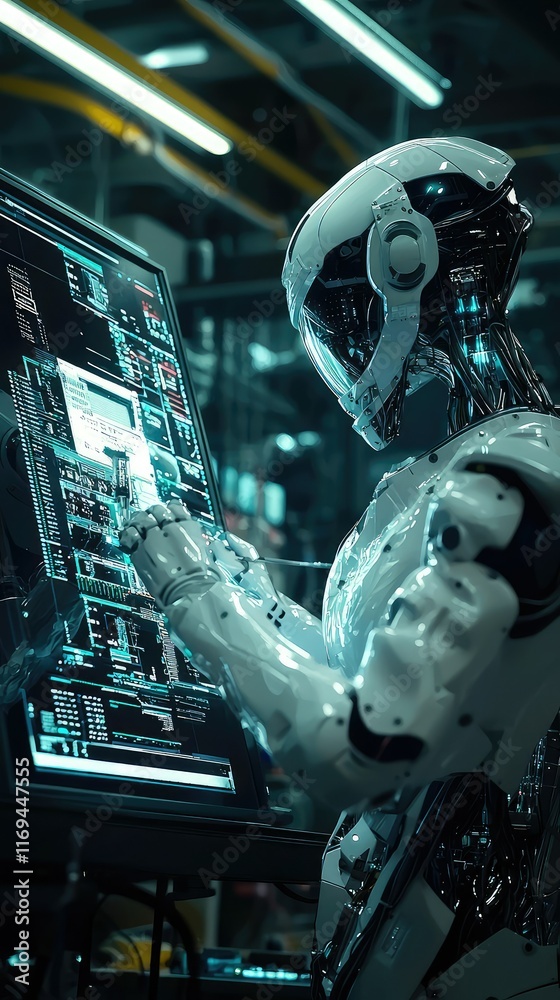 Poster futuristic robot analyzing data on advanced digital display