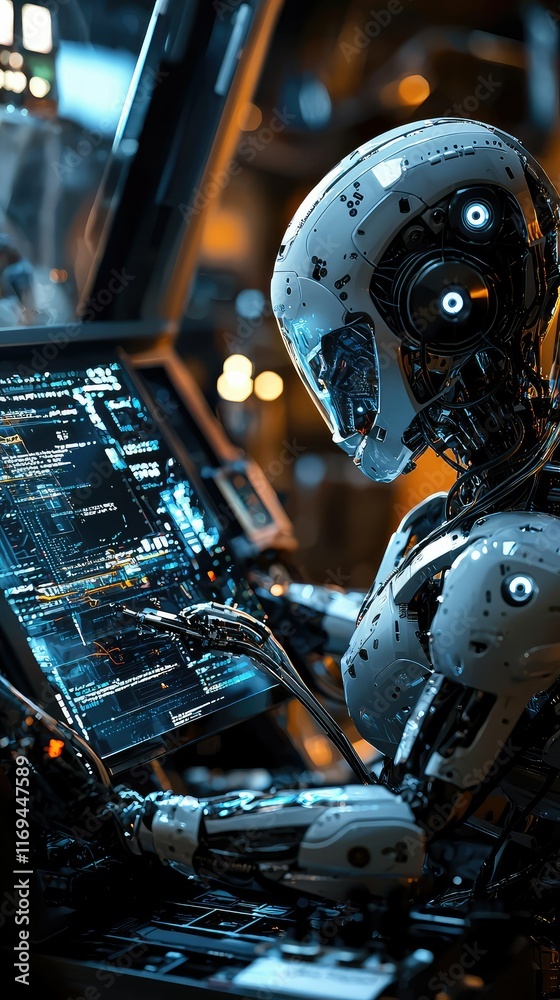 Poster futuristic robot working on computer display in dimly lit environment