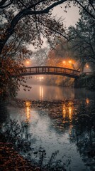 Fototapeta premium Misty Autumn Evening with Lanterns over Tranquil River Scene