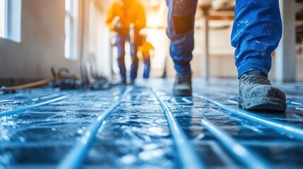 Workers Installing Pipes Beneath Floor with Tools