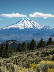Naklejka premium Majestic snow capped mountain viewed from a distant hillside
