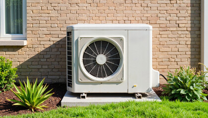 Air conditioner condenser unit cooling outdoor garden setting, home comfort