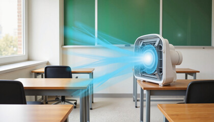 Air conditioner airflow visualization in classroom setting, cooling concept