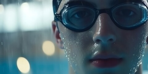 Focused swimmer wearing goggles, water droplets glistening on skin, preparing for pool training under bright illumination