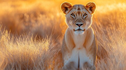 Fototapeta premium Majestic lioness at sunset in tall grass.