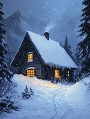 Fototapeta premium Snowy Mountain Cabin Illuminated By Warm Interior Lights