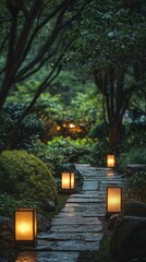 Serene Pathway Illuminated by Soft Lanterns in Tranquil Garden