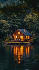 Obraz premium Cozy Cabin by Tranquil Lake Surrounded by Lush Forest at Dusk