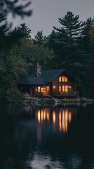Naklejka premium Cozy log cabin by serene lake at twilight surrounded by trees